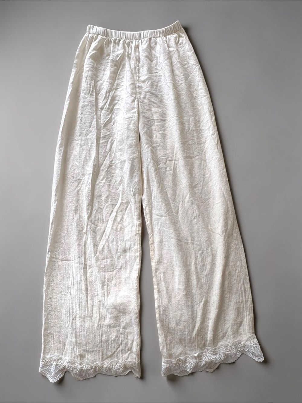 Cream Lace-Trim Gauze Lounge Pants Resort Wear Size Medium Wide Leg - Picture 3 of 7